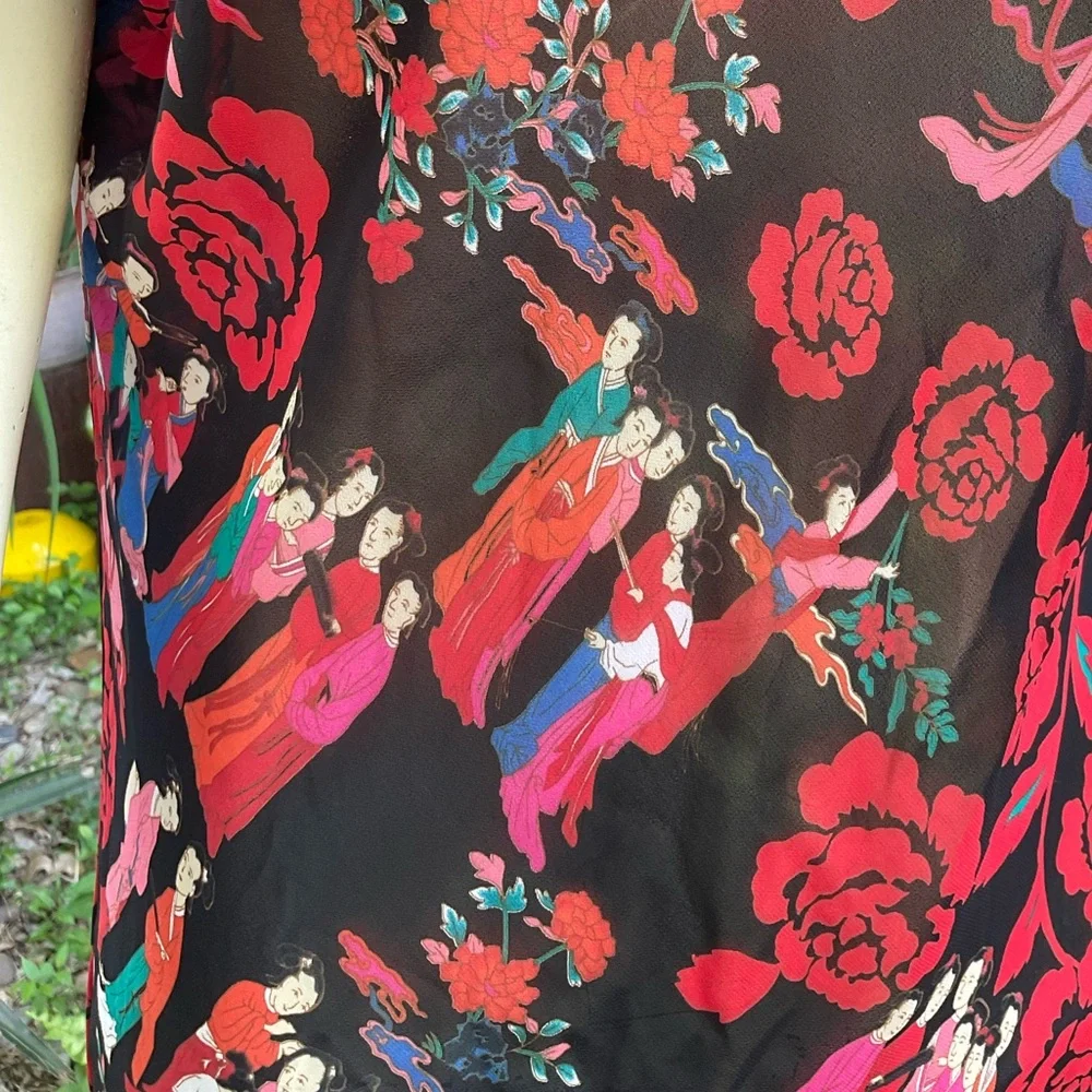 90s Josie Natori Asian Drawstring Semi Sheer Mini Dress Nightgown